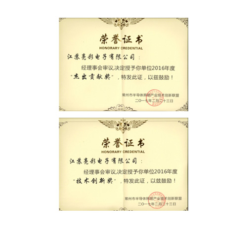 榮獲常州市半導體照明產業技術 創新聯盟頒發的“杰出貢獻獎”、 “協助獎”以及“年度先進個人獎”